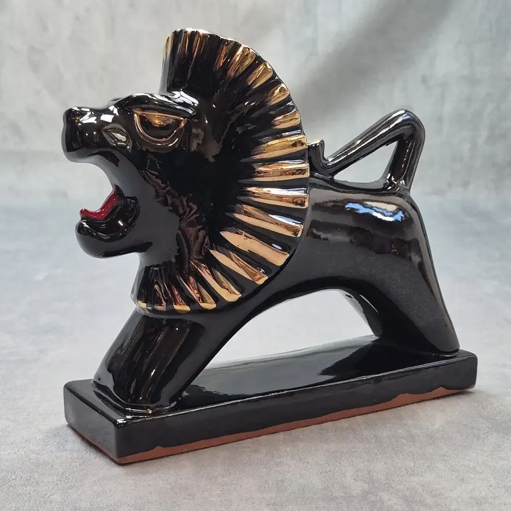 Mid Century Art Deco Roaring Lion Glossy Figurine Egyptian Reival Black & Gold